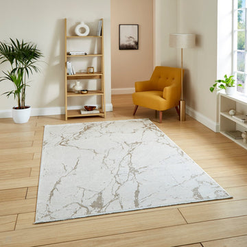 Mirage MR15 Modern Abstract Distressed Metallic Shimmer Soft Textured High-Density Polyester/Viscose Mix Low Profile Short Pile Cream/Beige Rug-Think Rugs-Rug Love - The Most Loved Rug Store